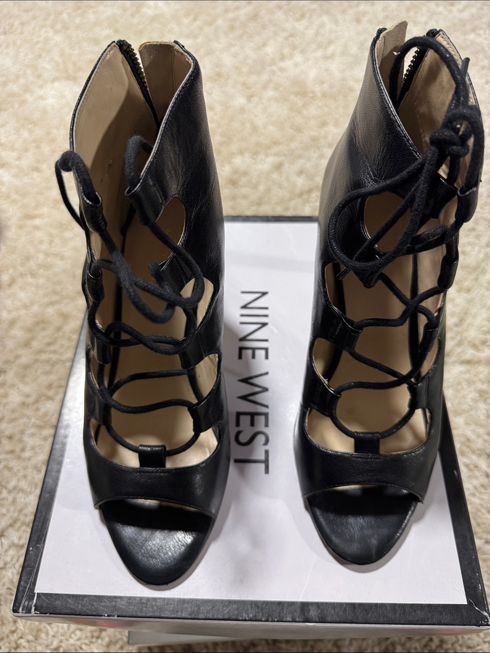 Nine West Black Lace-Up Peep Toe Ankle Heels